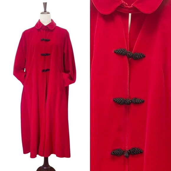 Vintage 1950s Red Velvet Long Evening Swing Coat Size Medium Rockabilly Festive - Picture 1 of 16